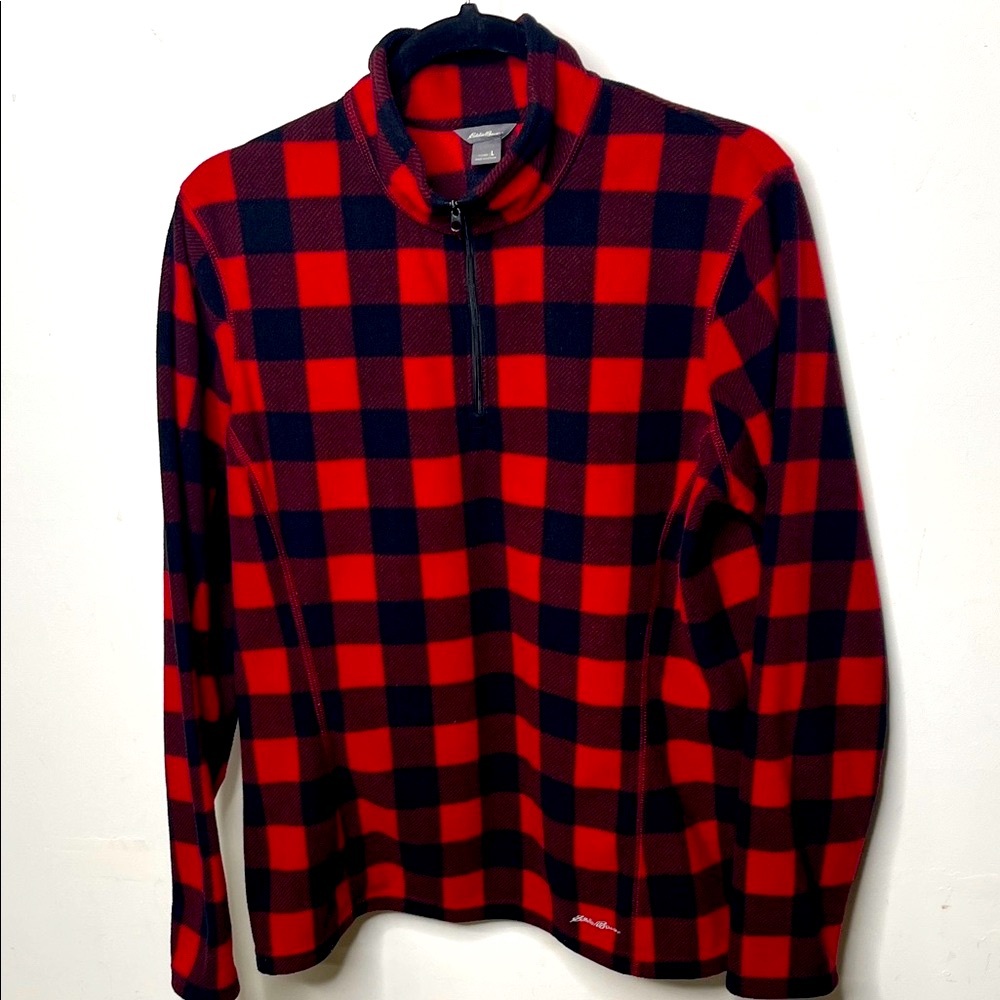 Eddie Bauer Sz L fleece 1/4 Zip Jacket Red Black Checked Buffalo Plaid
